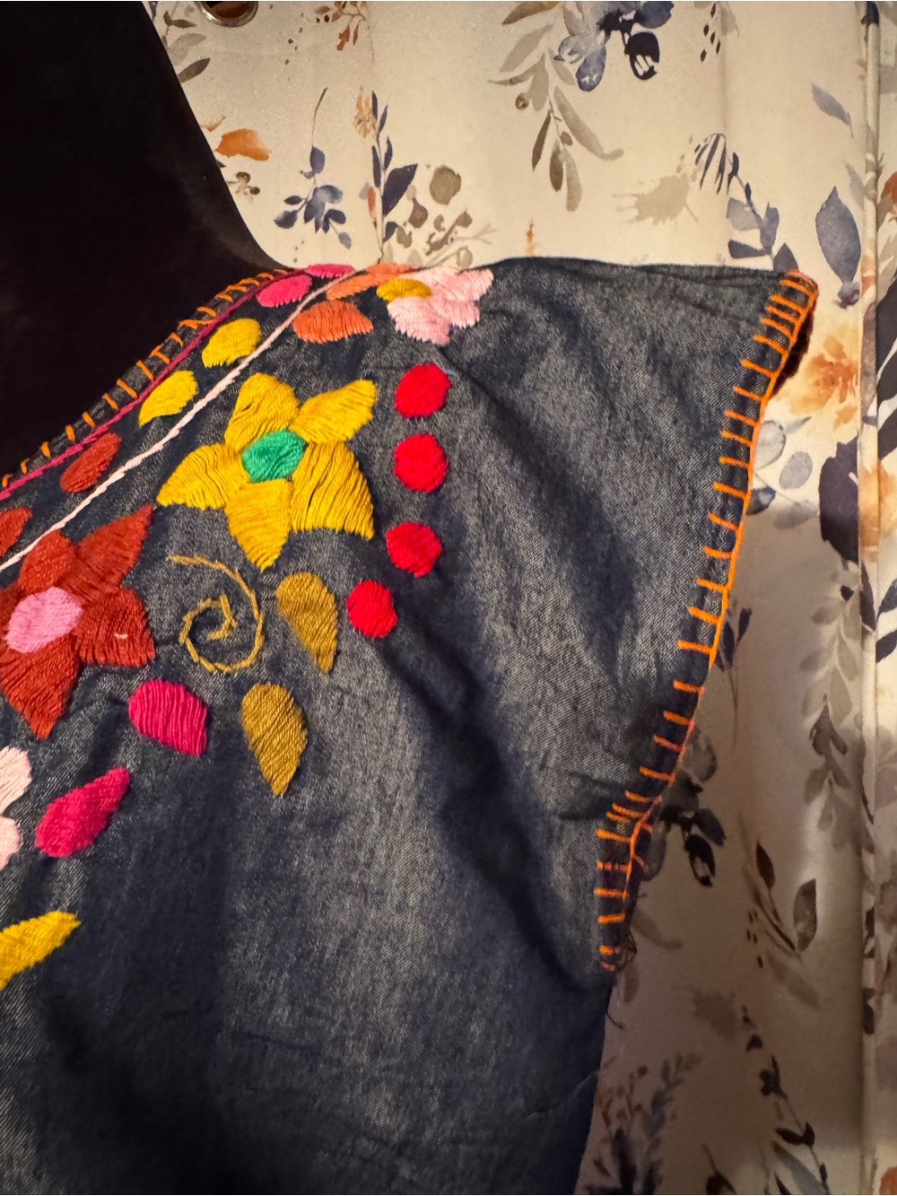 Embroidered Floral Mexican Tunic Dress - with Multicolor Floral Embroidery - Picture 5 of 10